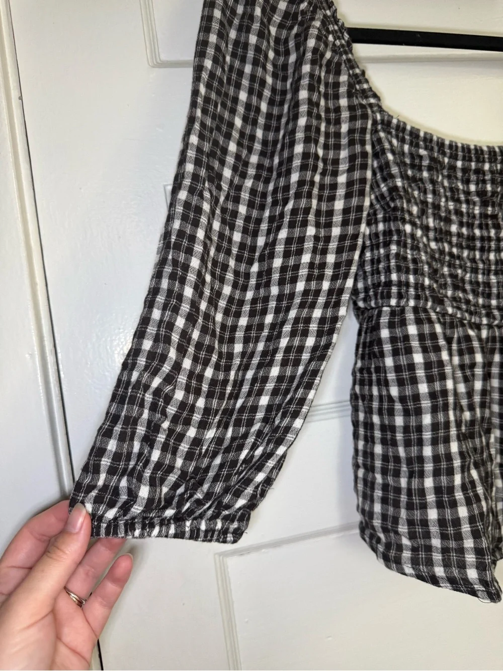 Abercrombie & Fitch Black and White Smocked Plaid Peasant Blouse Fall Boho Sz M